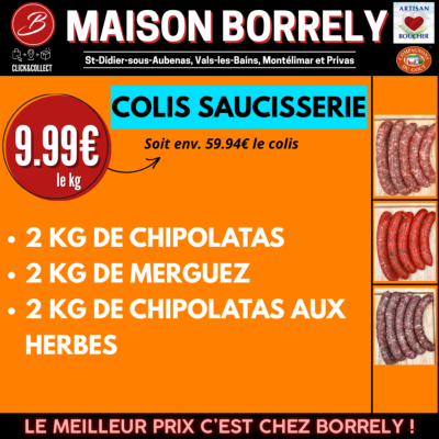 COLIS JUIN : SAUCISSERIE : 6kg "2 KG DE CHIPOLATAS 2 KG DE MERGUEZ 2 KG DE CHIPOLATAS AUX HERBES"