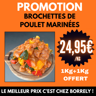 Brochettes de poulet marinés  1Kg + 1Kg OFFERT