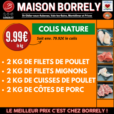 COLIS JUIN : NATURE : 8kg "2 KG DE FILETS DE POULET 2 KG DE FILETS MIGNONS 2 KG DE CUISSES DE POULET 2 KG DE CÔTES DE PORC"
