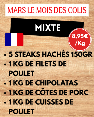 Colis "MIXTE" de Mars env. 4.75kg : 5 steaks hachés de 150g, 1kg de filet de poulet, 1kg de chipolatas, 1kg de côtes de porc et 1kg de cuisses de poulet