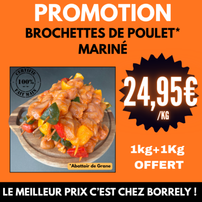 Brochettes de poulet marinés  1Kg + 1Kg OFFERT