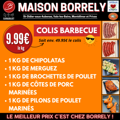 Colis "Barbecue" 5kg : 1 kg de chipolatas, 1 kg de merguez, 1 kg de brochettes de poulet, 1 kg de côtes de porc marinées, 1 kg de pilons de poulet marinés