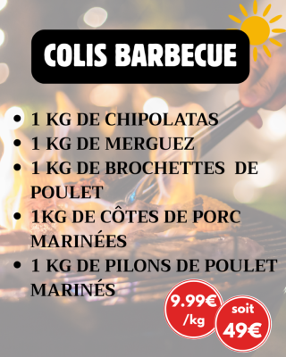 Colis "Barbecue" 5kg : 1 kg de chipolatas, 1 kg de merguez, 1 kg de brochettes de poulet, 1 kg de côtes de porc marinées, 1 kg de pilons de poulet marinés