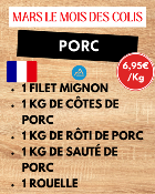 Colis "PORC" de Mars env. 5kg : 1 filet mignon, 1kg de c�tes de porc, 1kg de r�ti de porc, 1kg de saut� de porc et 1 rouelle de porc